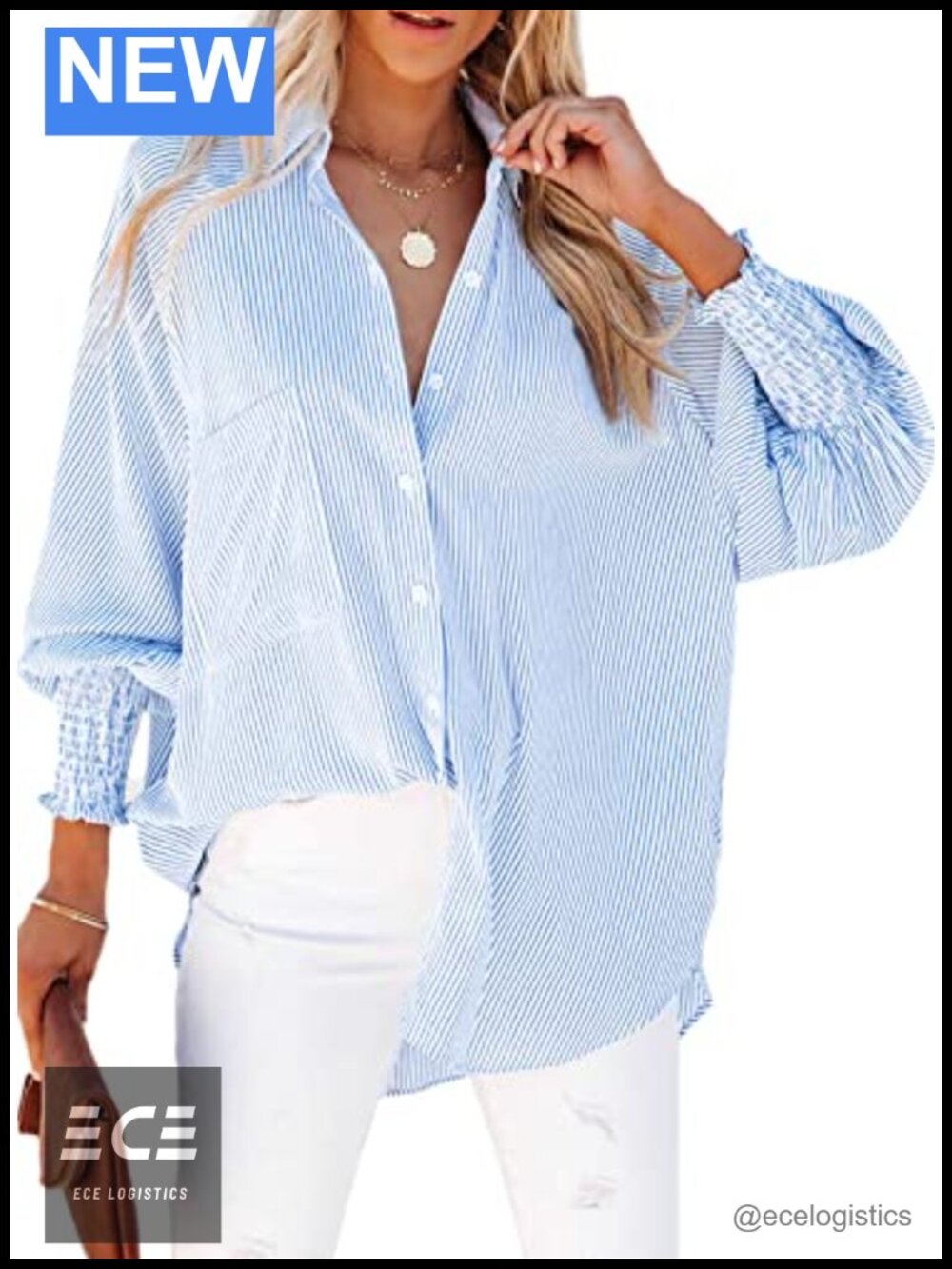 Womens Button Down Striped Blouse Smocked Cuff Oversized Boyfriend Shirt